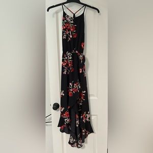 Black and Red Floral High Low Dress with subtle ruffle along bottom hem